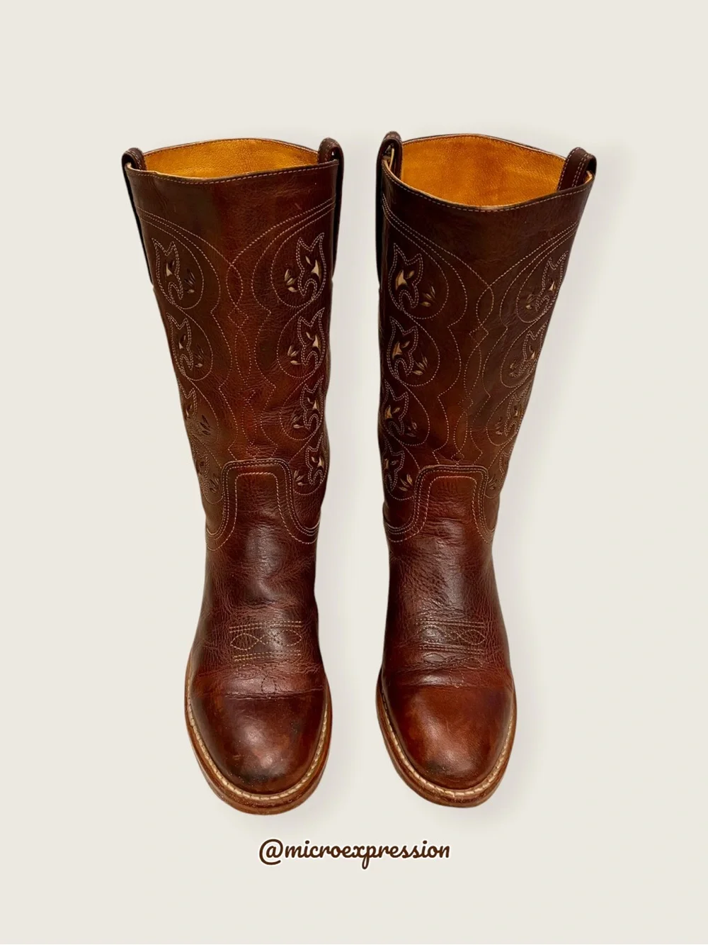 VINTAGE 1980s Frye Austin Brown Leather Floral Embroidered Southern Cowboy Boot
